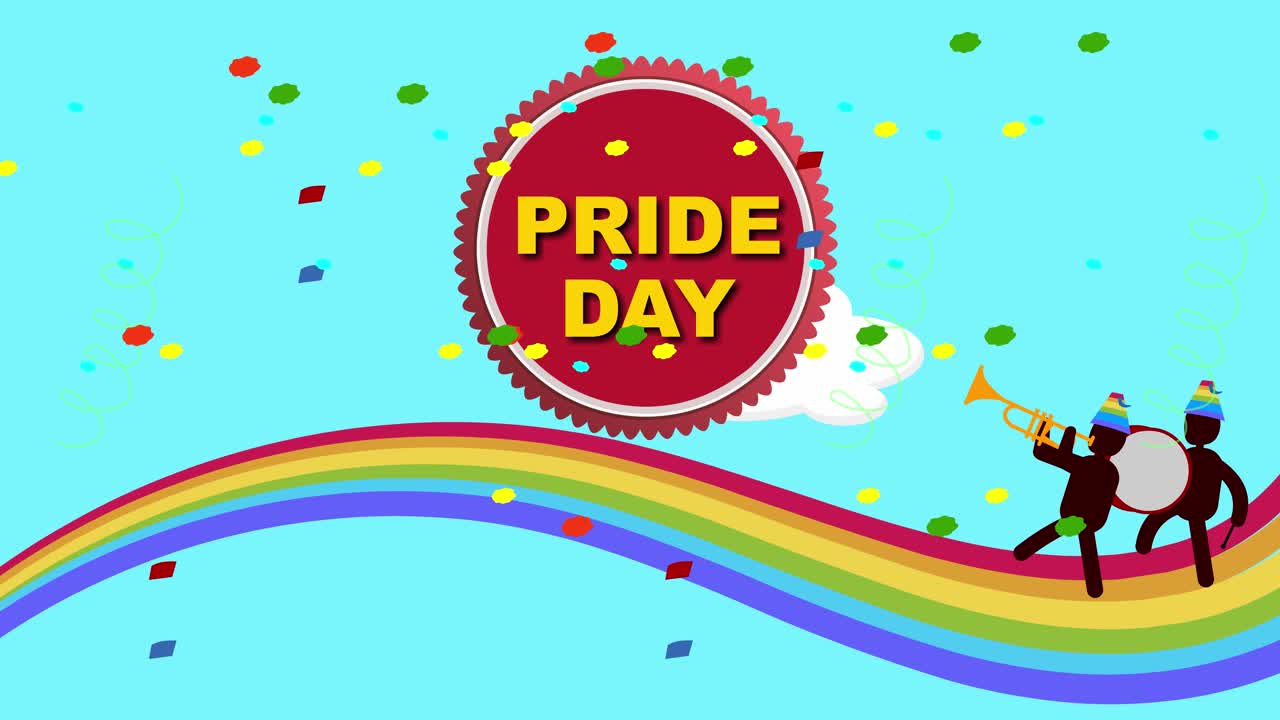 celebraciones animadas para el día del orgullo con un camino arcoíris y personajes animados tocando música en el camino arcoíris