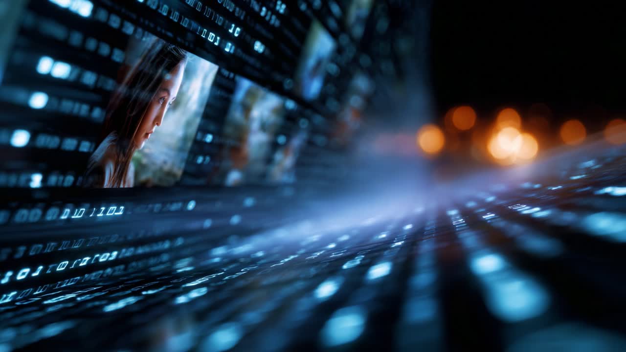 Visual data streams flow through digital landscapes showcasing vibrant images and abstract patterns, illustrating the convergence of technology and creativity