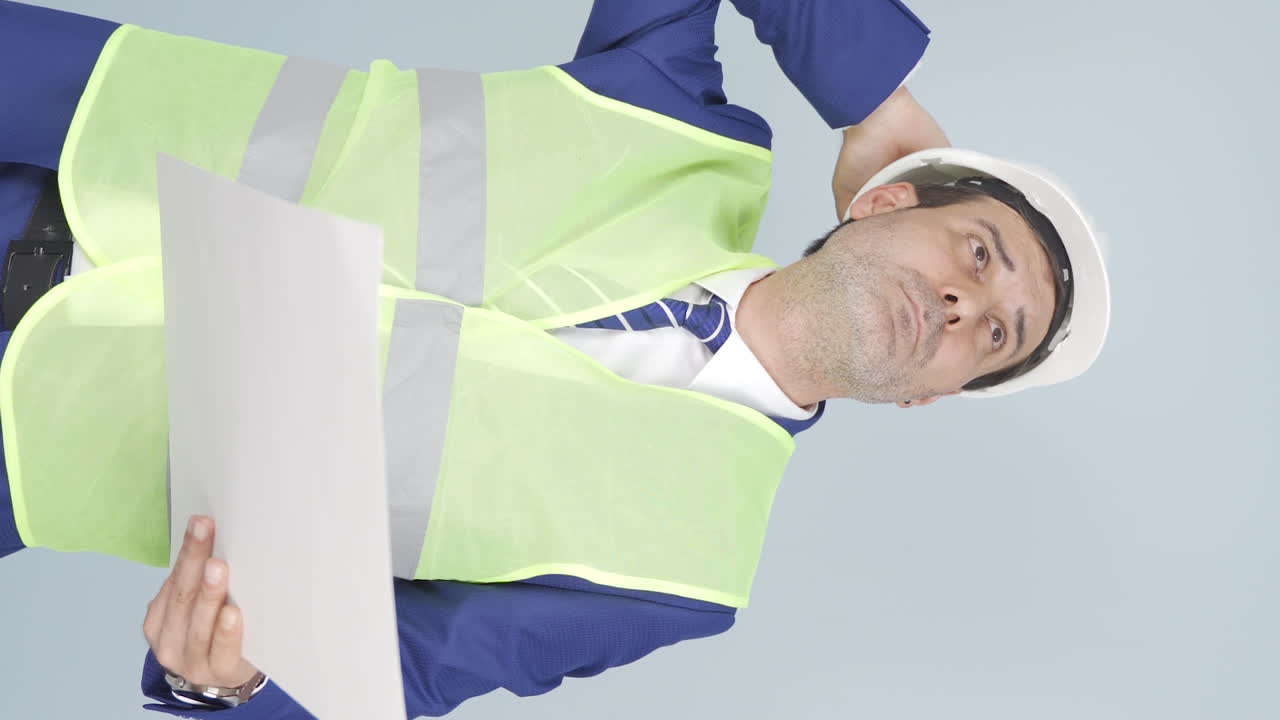 vertical video of looking up, the engineer is holding his hard hat. 엔지니어가 자신의 하드 헤트를 들고 있습니다.