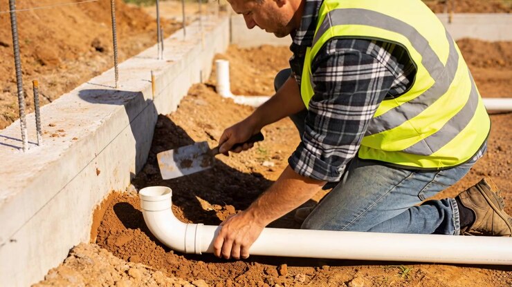 Knælende arbejder i sikkerhedsvest ved armeringsjern, placerer PVC-knæ ved fundamentet og jævner jord med murske