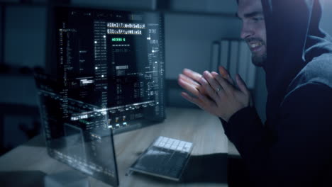Futuristic Anonymous hacker trying to breached cybersecurity by using algorithm source code to exploit weakness in password security