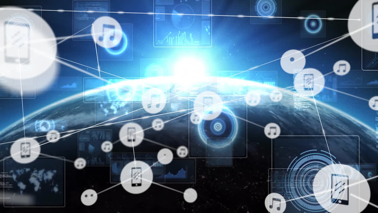 Animation of digital music icons and data connections over Earth from space