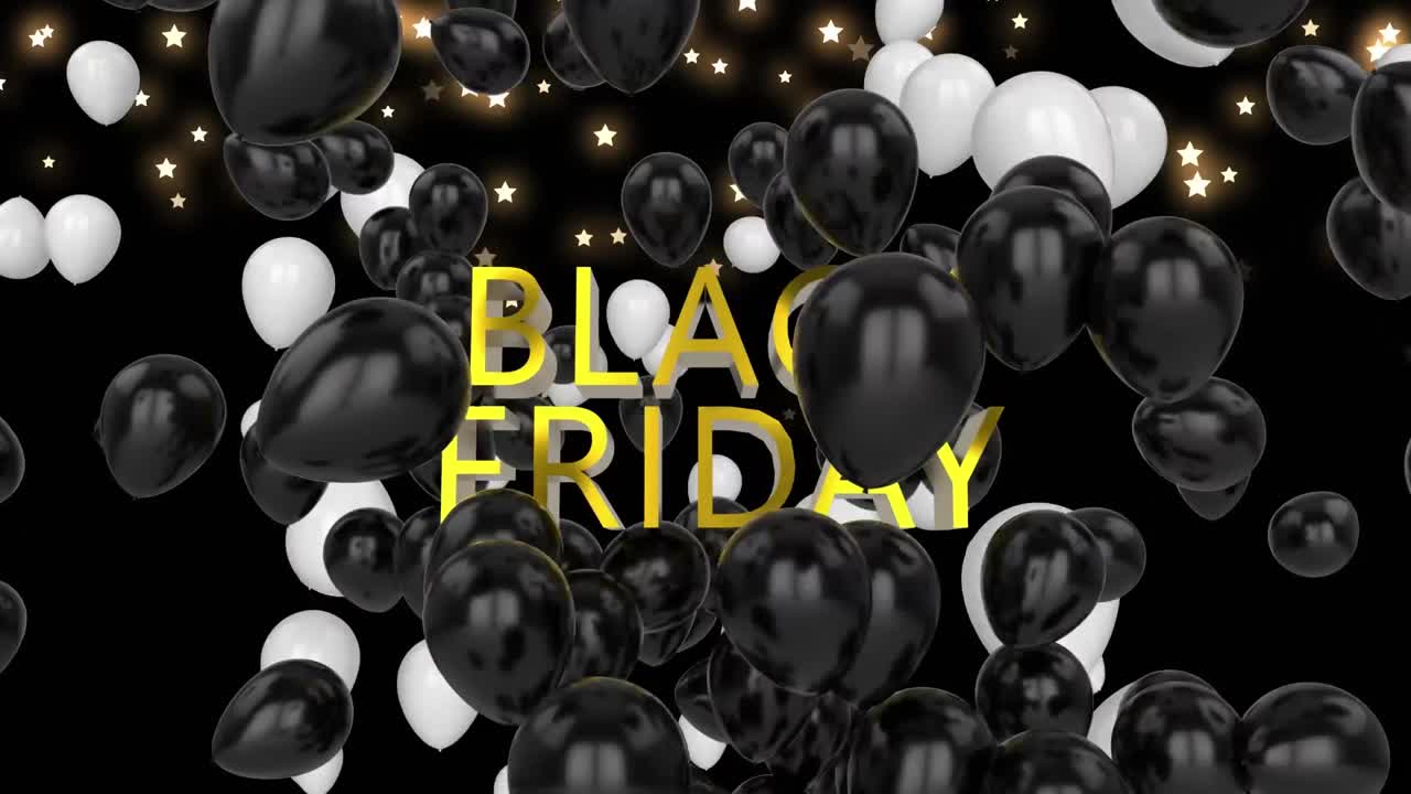 animación del texto del viernes negro y globos sobre estrellas brillantes sobre fondo negro