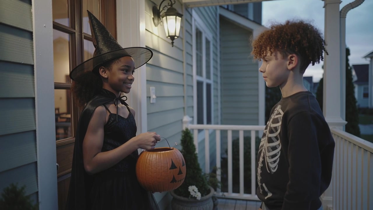 Holding pumpkin bucket boy skeleton sweater inviting witch-costume girl reaching for candy on porch