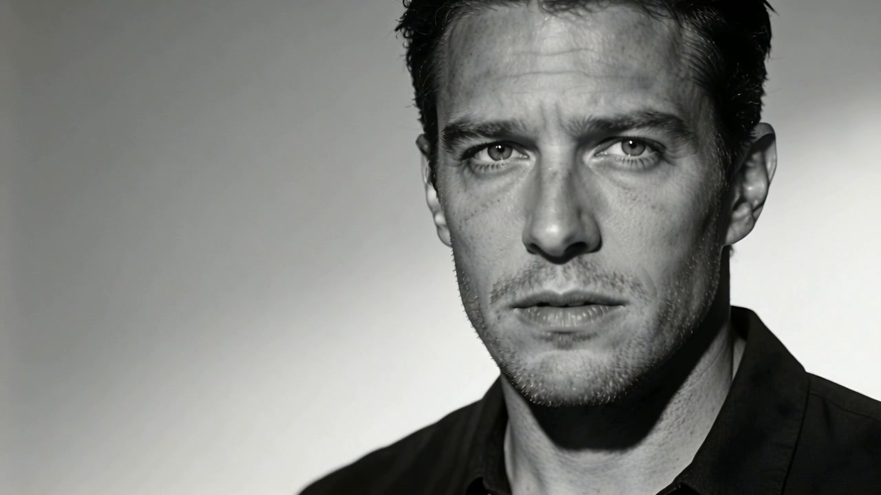 Camera rolling, male model shifting gaze, clenching jaw for portrait in studio, dark collared shirt