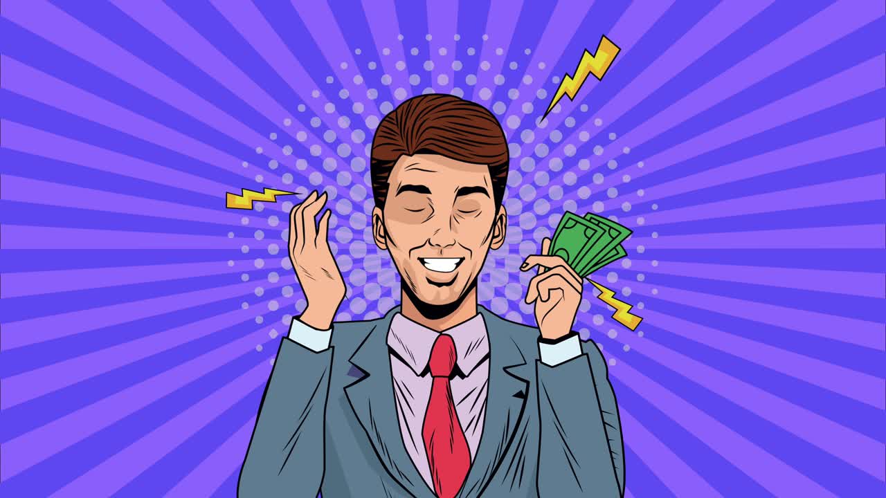 uomo d'affari con banconote dollari pop art animazione