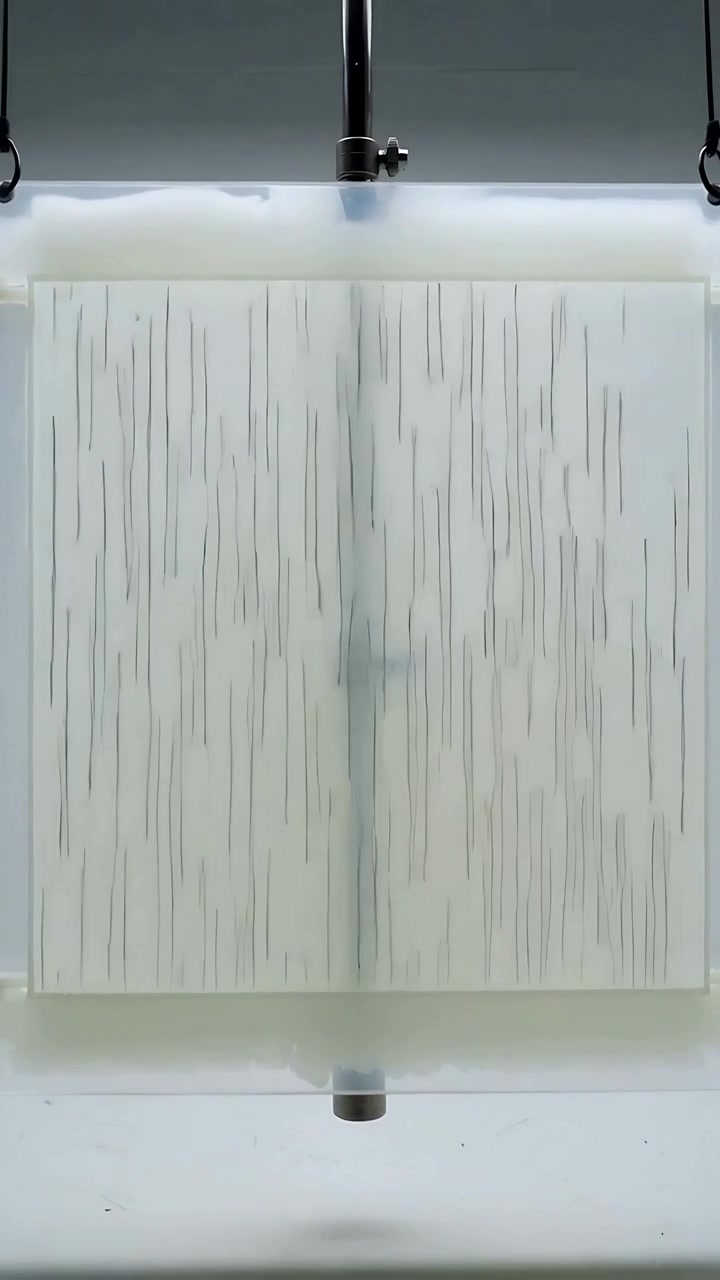 Video verticale: Pannello bianco iniziale che sviluppa sottili striature verticali in laboratorio con asta e schiuma
