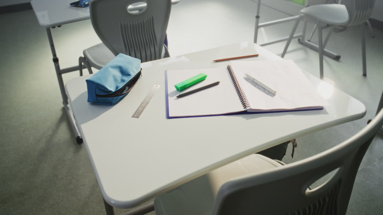 Close Up Shot of School Desk with Student School Supplies Pencil Case Pens and Pencils Notebooks