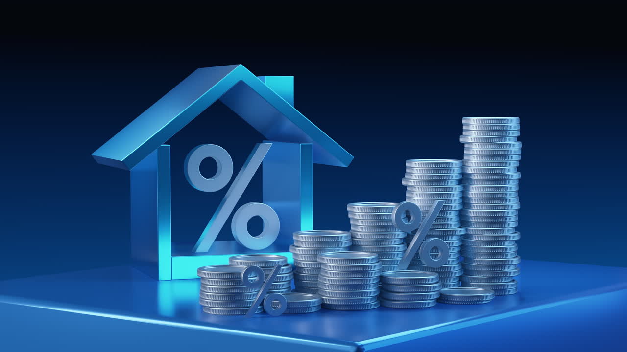 Housing finance concept with percentage sign and stacks of coins representing interest rates and property investment