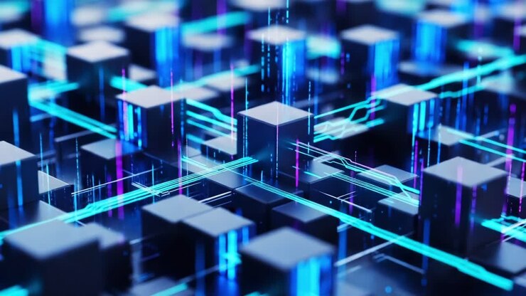 A Captivating Glimpse into the Digital World: Exploring the Intricate Connectivity of Data Blocks Illuminated by Vibrant Light Patterns