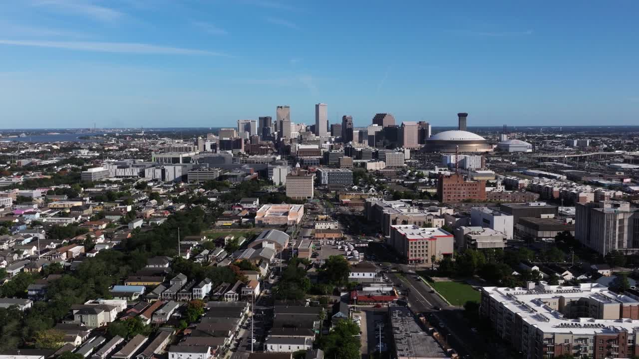 Cinematic Establishing Drone Shot Above New Orleans with City Skyline in Background