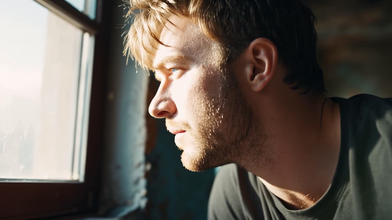 Un momento di riflessione: Un giovane uomo contempla la vita mentre guarda fuori dalla finestra, catturando un senso di introspezione e serenità in un ambiente unico