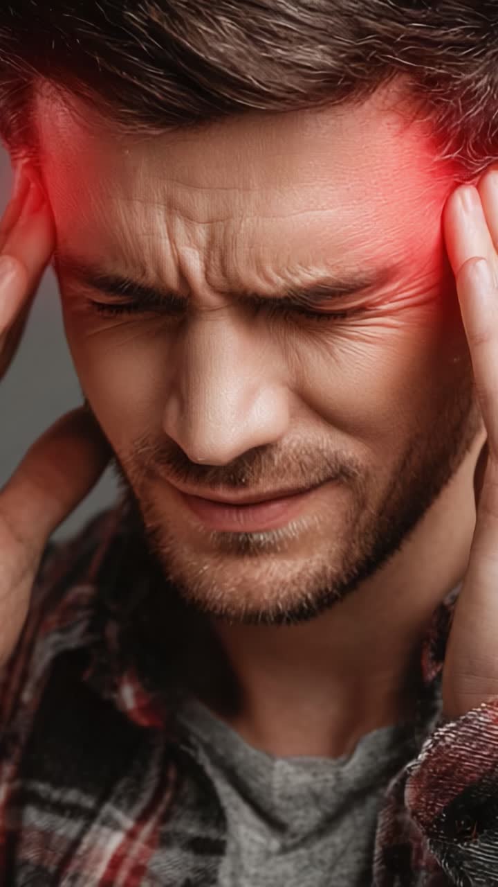 Un giovane uomo prova un forte disagio e si tiene la testa con un'espressione sofferente, probabilmente a causa di un forte mal di testa o emicrania in un ambiente con luce soffusa