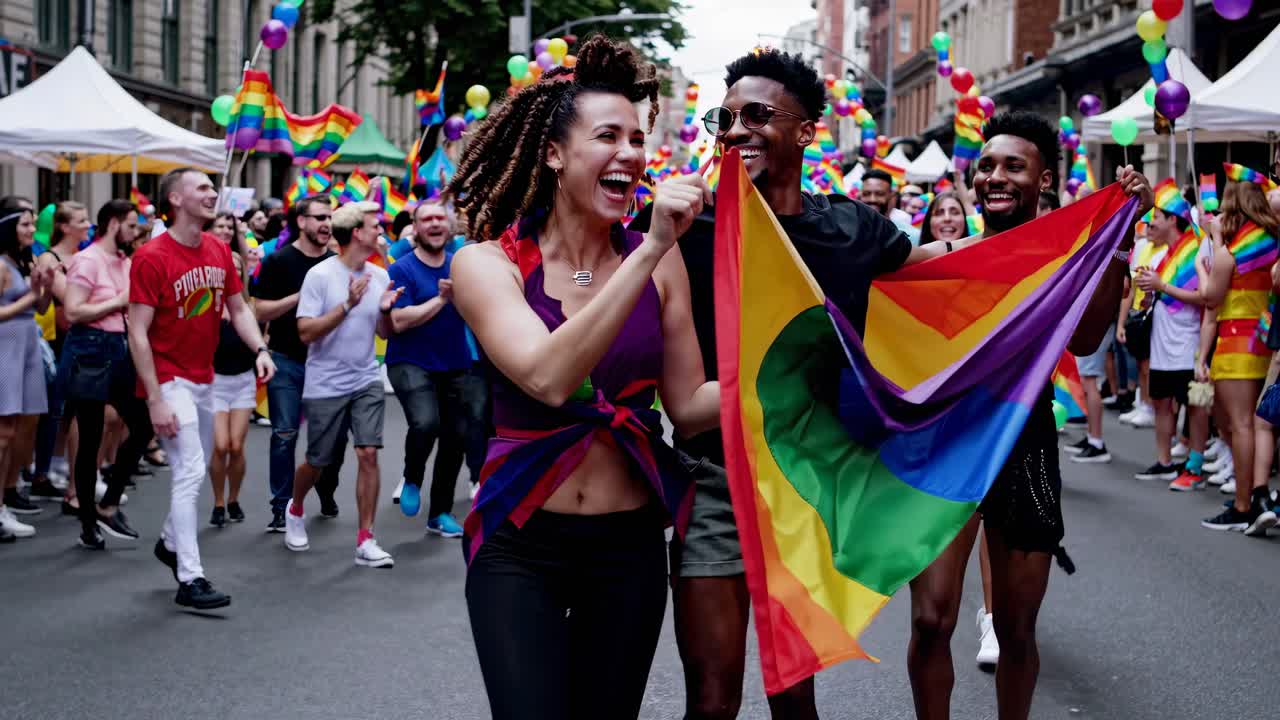 A lively street parade video with diverse participants celebrating with rainbow flags
