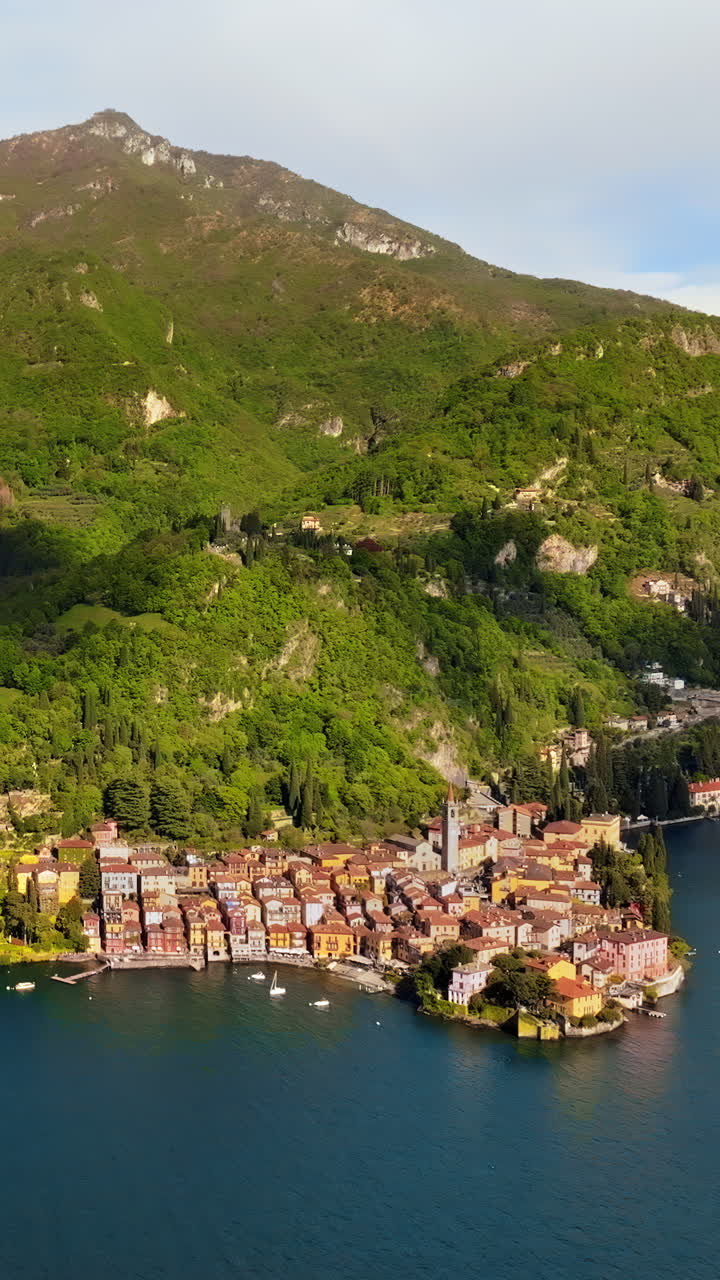 Aerial drone view of Varenna village near Lake Como, Italy. Vertical