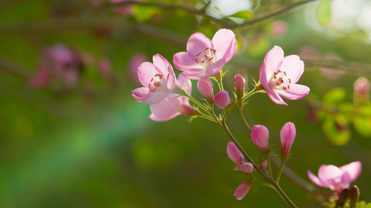 Skjøre rosa blomster forblir i nærbilde mens stilkene beveger seg subtilt mellom rammene, mens varmt baklys, uskarpe blader og en myk grønn bakgrunn skaper en rolig hagekomposisjon