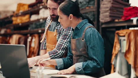 laptop, leather workshop and industrial team