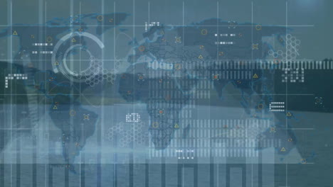 Animation-of-diagram-with-world-map-and-data-processing-over-landscape