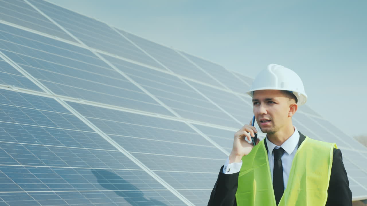un ingeniero camina por los paneles solares hablando por teléfono