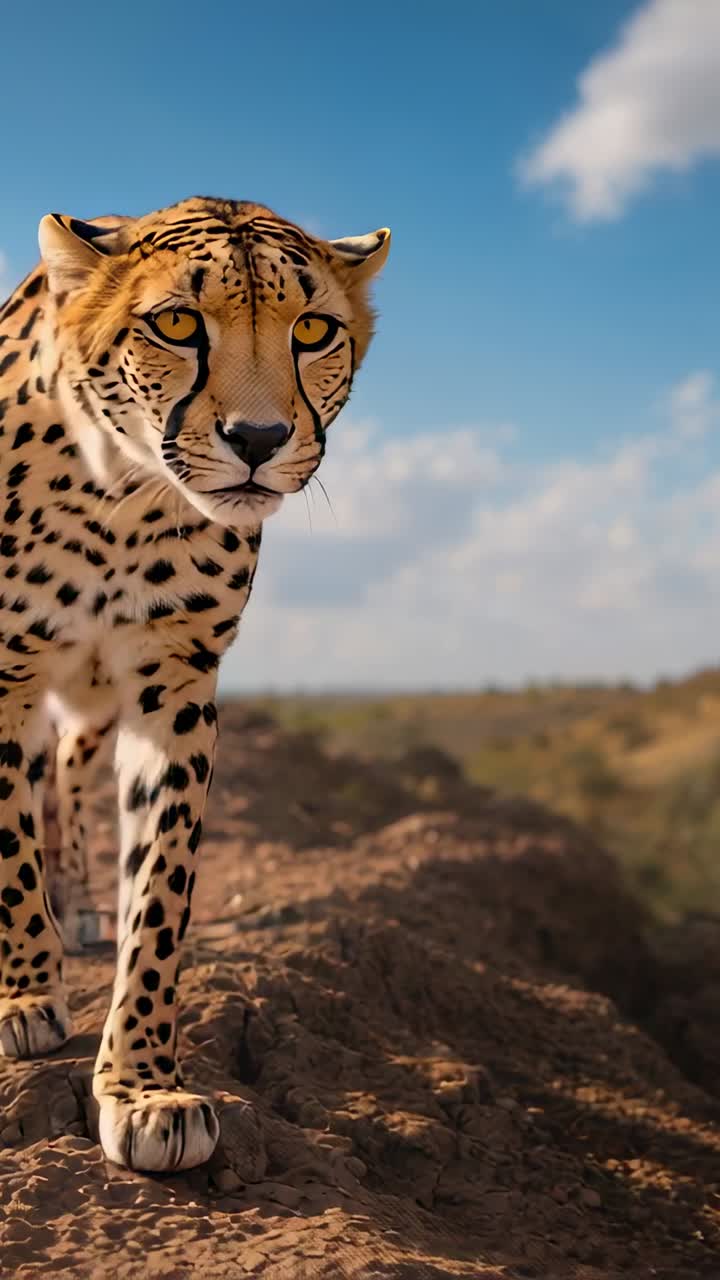 Vertical video: Walking solitary cheetah stepping along rocky ridge in savanna, approaching camera