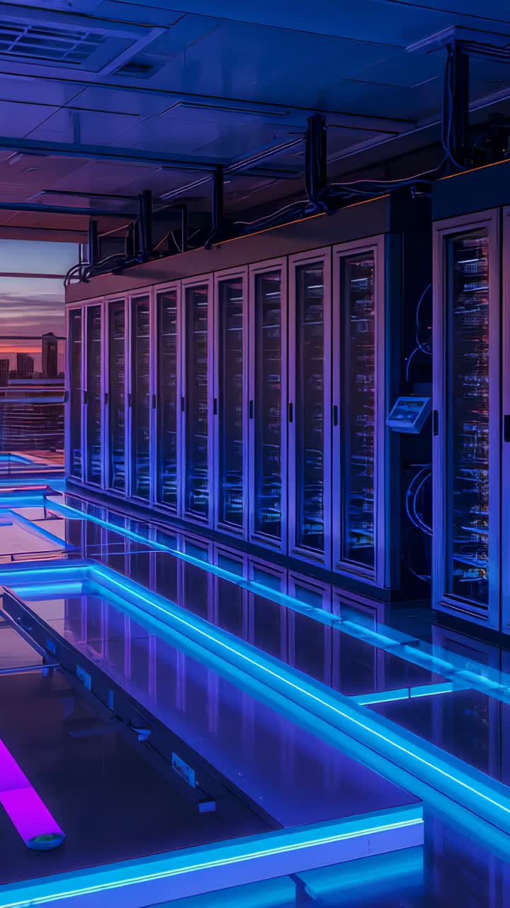 Vertical video: Opening footage capturing server rack glowing with LED strips in corridor, skyline