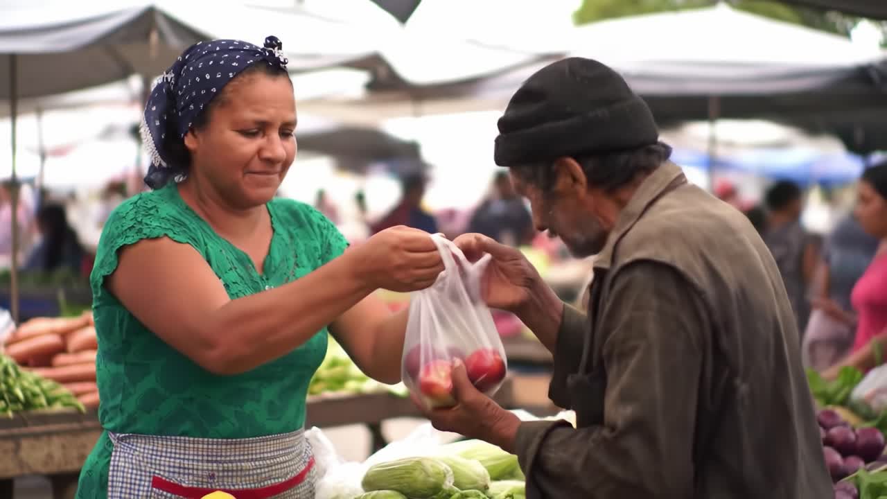 Experience the lively atmosphere of a Mexico City market where a vendor sells fresh produce to a customer. Community engagement and local flavors are highlighted in this bustling environment.