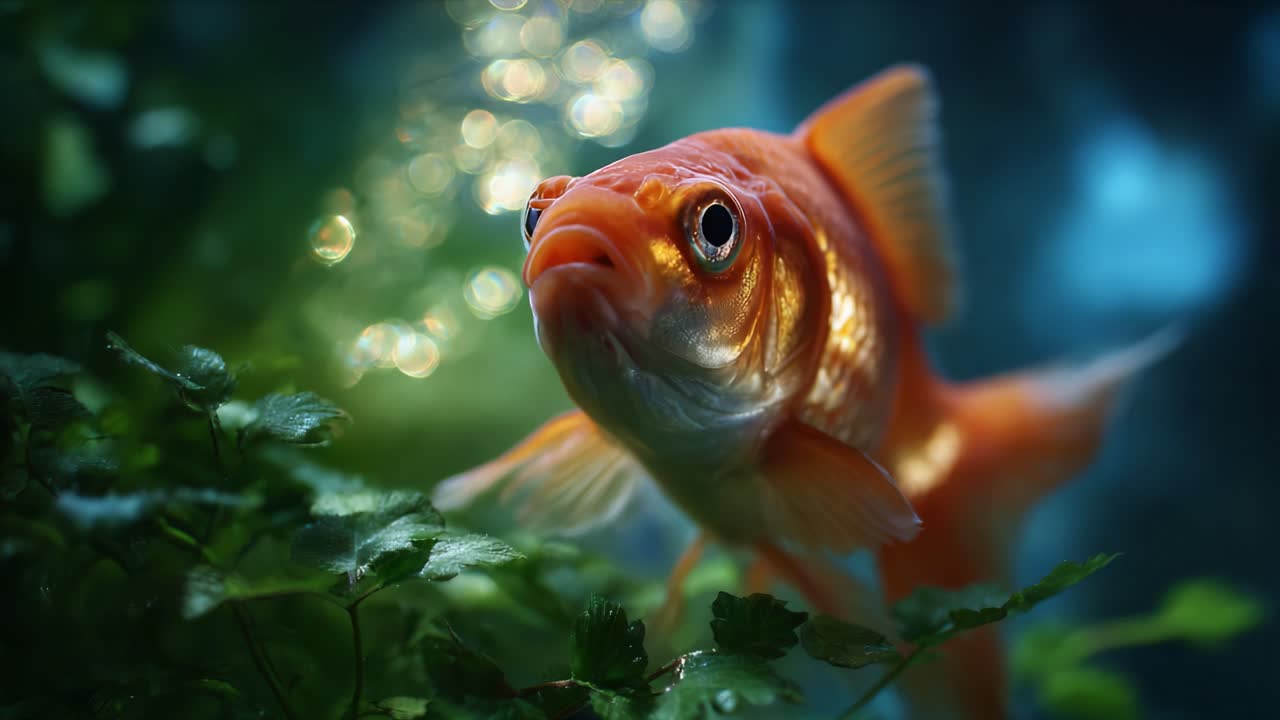 Un affascinante pesce rosso che nuota in un habitat sottomarino incantato, circondato da una vegetazione lussureggiante e scintillanti bolle di luce in un sereno ambiente acquatico