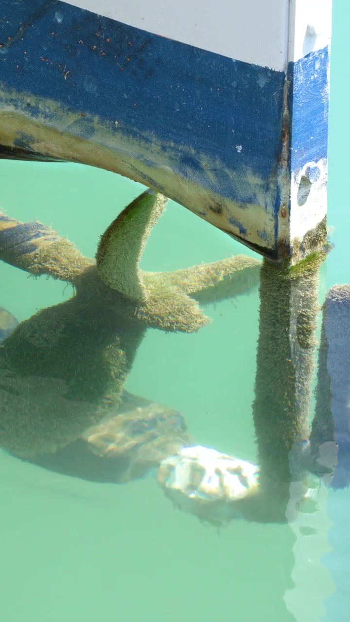 Close-up of a mossy boat propeller submerged in clear turquoise water at Cassis harbor, France.