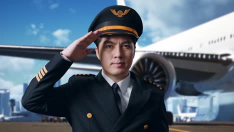 close up of asian man pilot is respectful, saluting while standing in airfield with airplane on background