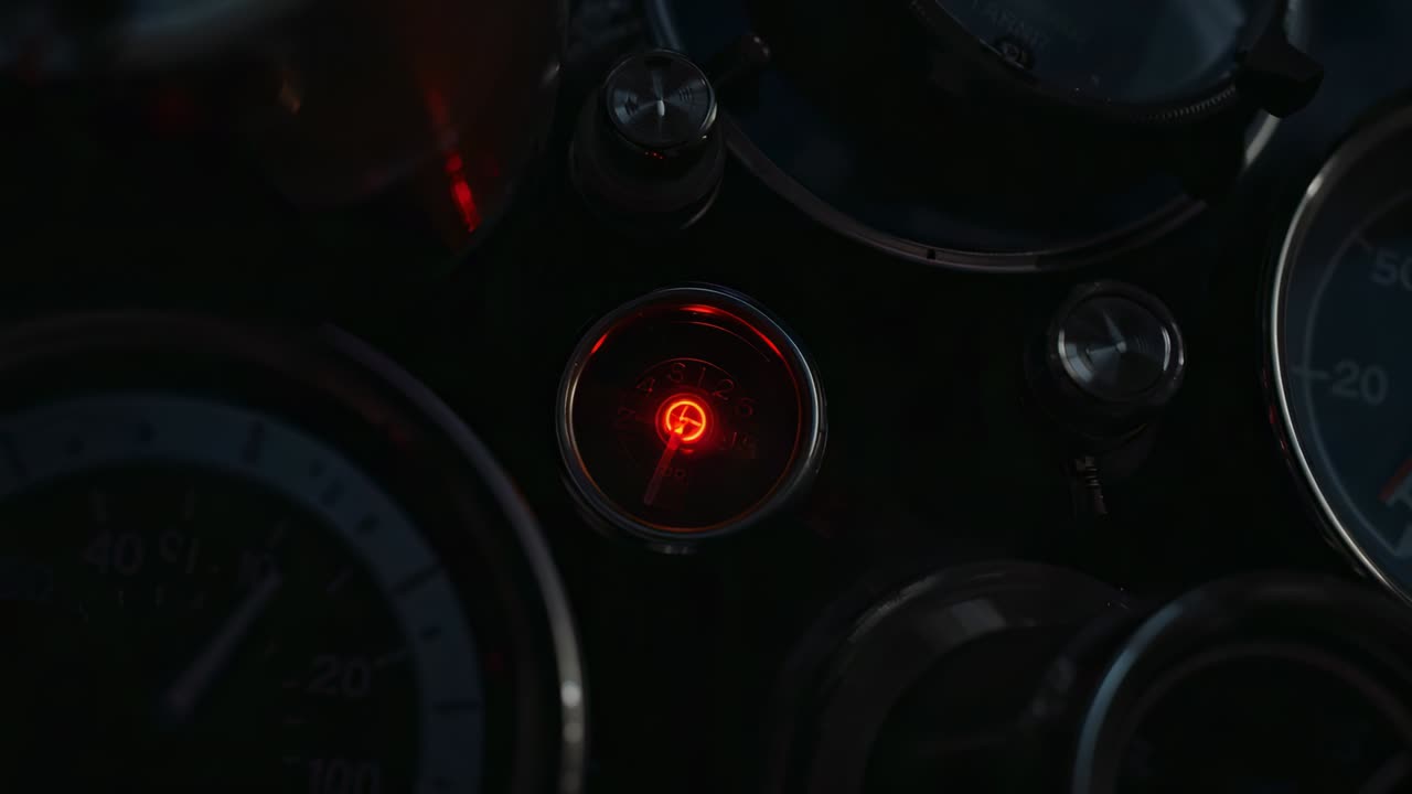 Glowing red circular indicator lamp remaining lit in vehicle cockpit, chrome bezels reflecting