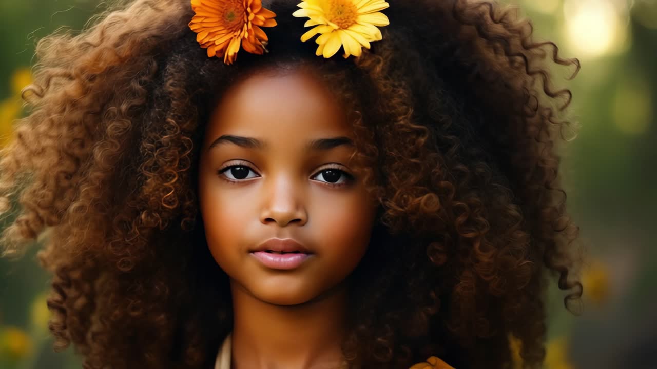 Beautiful young girl with big curly hair and orange and yellow flowers posing for a portrait in a natural outdoor setting with a blurred background