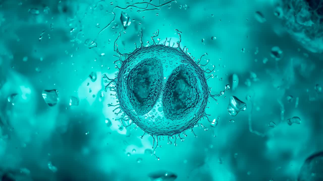 Movimento fluido che spinge la cellula centrale a ruotare mentre il nucleo si divide con peli e goccioline in fluido color ottanio