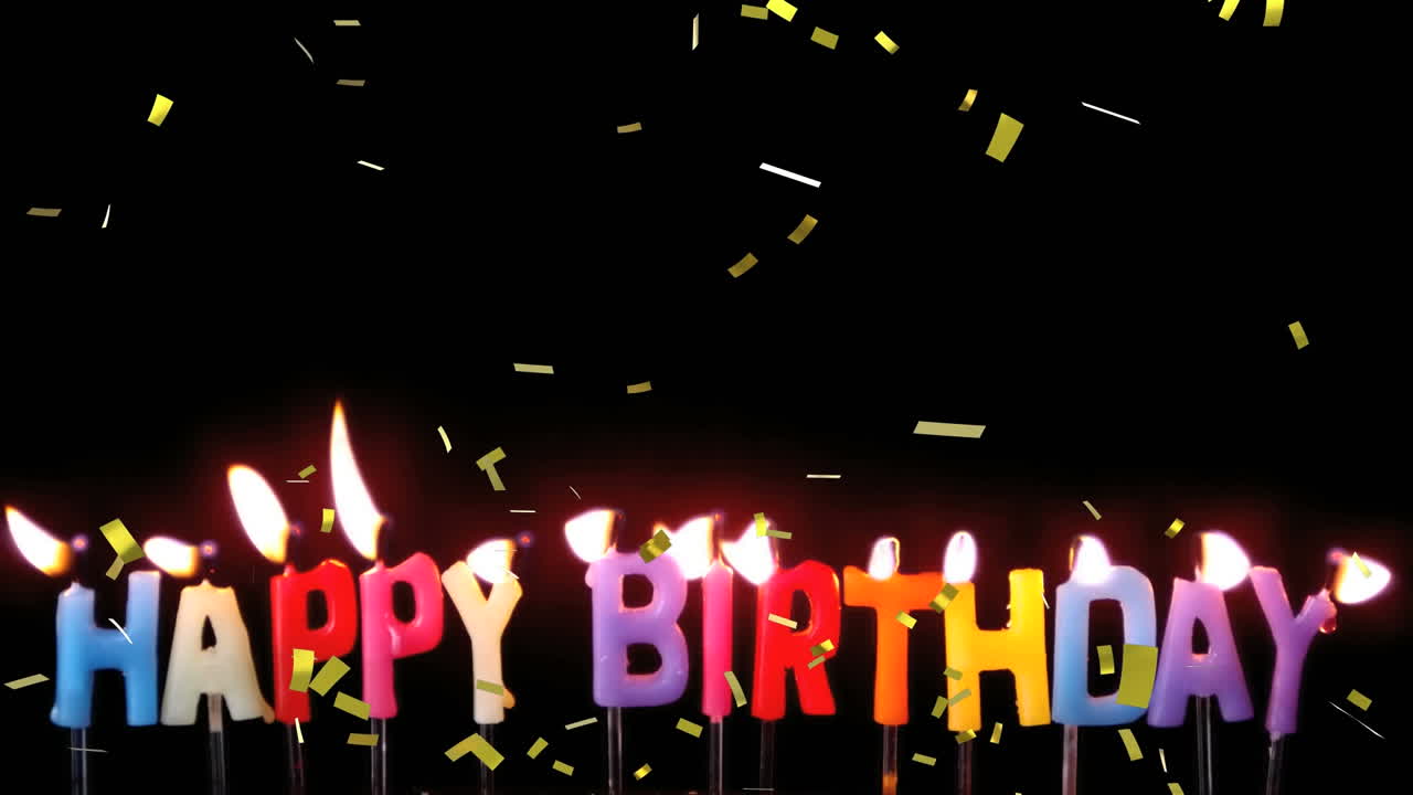 mensaje de feliz cumpleaños hecho de velas con confeti