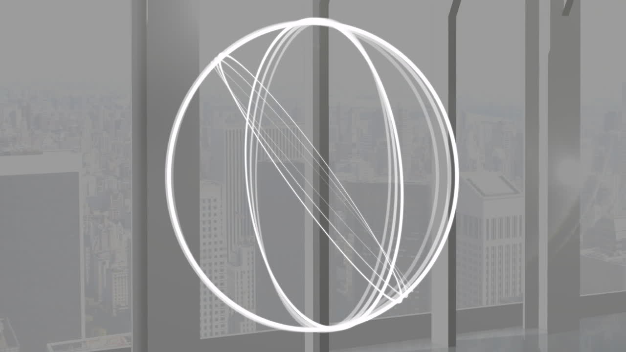 Glowing white atomic structure animation over cityscape seen through large windows