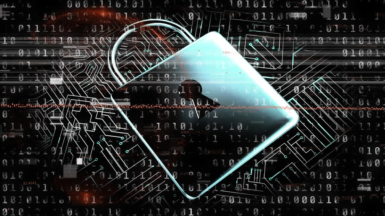 Animation of padlock, with computer motherboard and binary data processing, on black