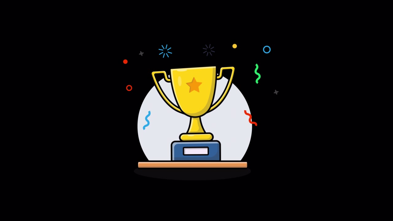Animated Golden Trophy with Confetti on Black Background