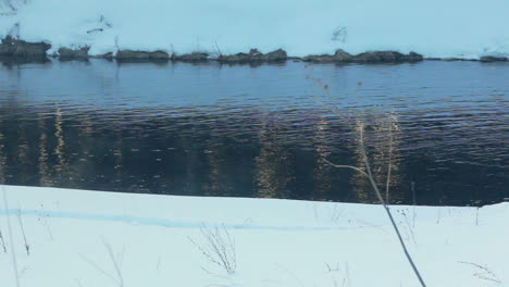 Winterfluss.-Flussoberfläche-Mit-Lichtreflexionen.-Schneebedecktes-Flussufer