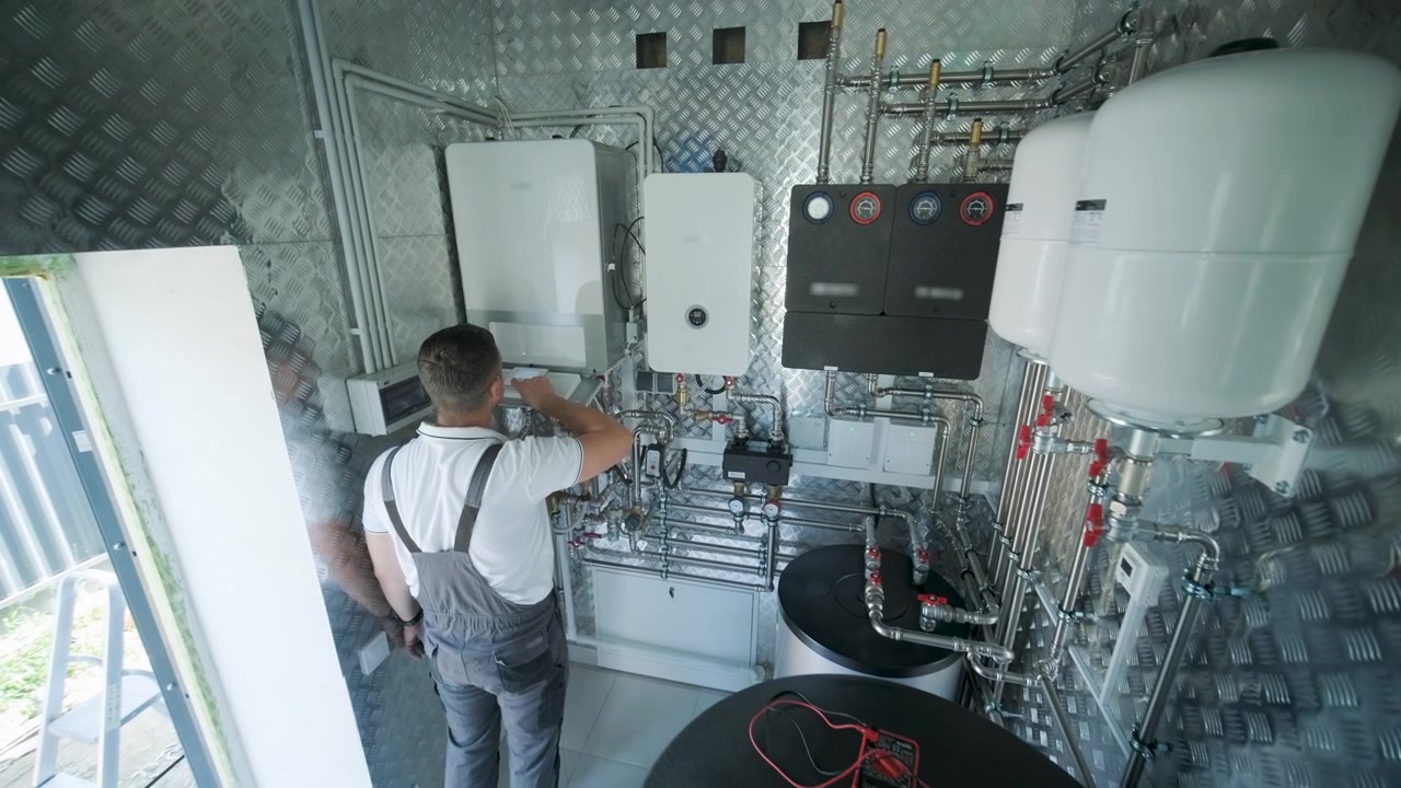 Técnico Inspecionando e Realizando Manutenção em Sistema de Aquecimento Moderno em Casa de Máquinas