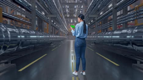 Full Body Back View Of An Asian Female Professional Worker Standing With Green Screen Smartphone In Big Warehouse Filled With Metal Pipes, Industrial Facility