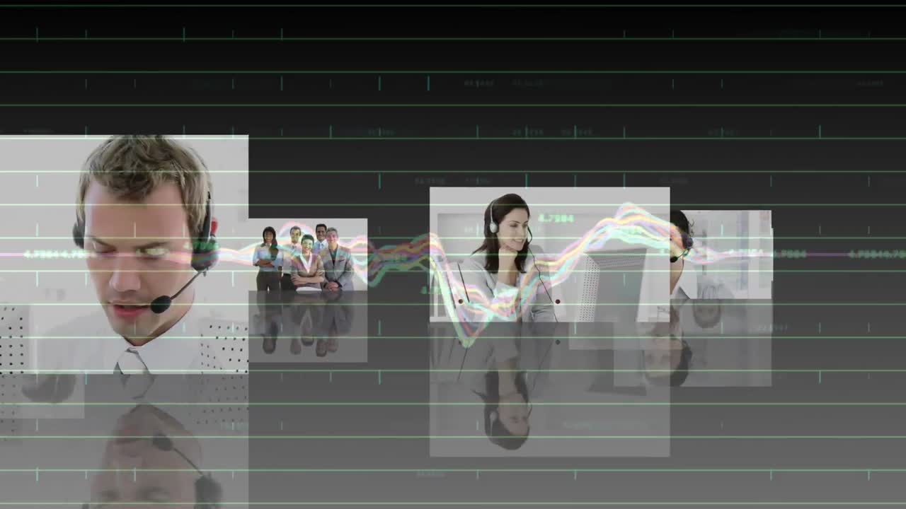 animación de estadísticas y procesamiento de datos sobre personas de negocios que usan auriculares telefónicos