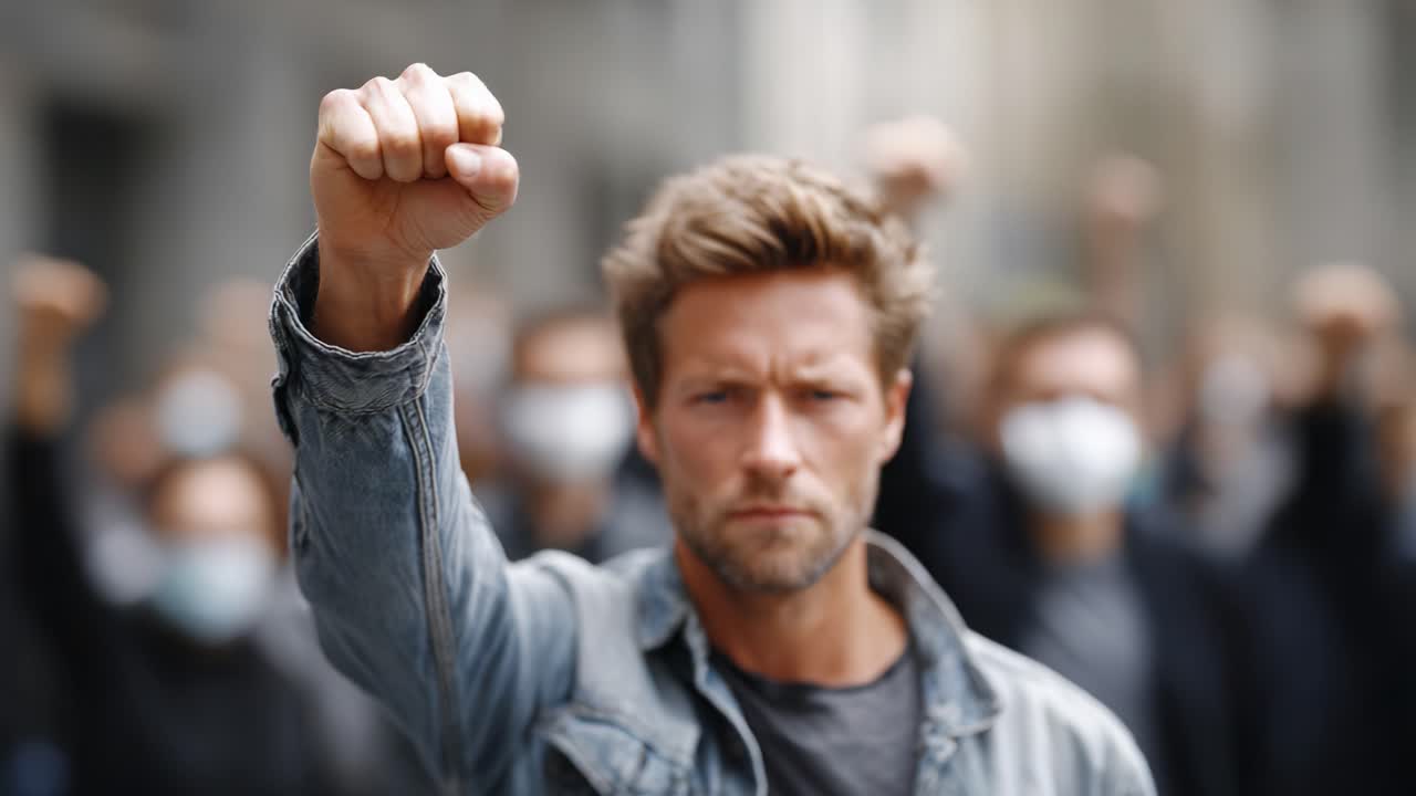A powerful demonstration showcases unity and determination as a group of individuals, led by a determined figure, raises their fists in solidarity for a common cause