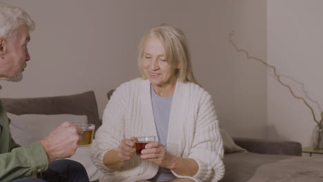 senior man and woman drinking tea while sitting on sofa at home