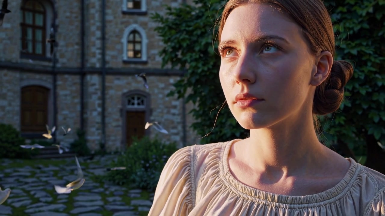 Young Woman Standing in Garden with Flying Doves