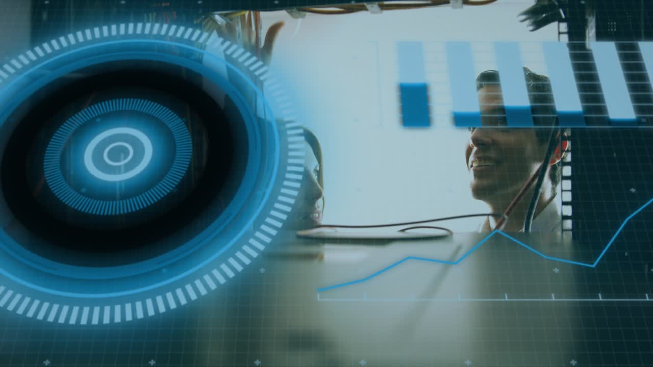 Animation of scope scanning and data processing over caucasian male it technician by computer server