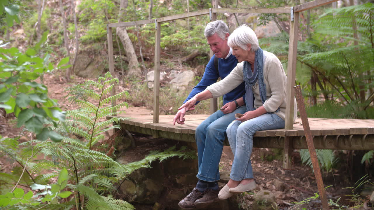 숲 속 의 나무 다리 에 앉아 있는 노인 부부
