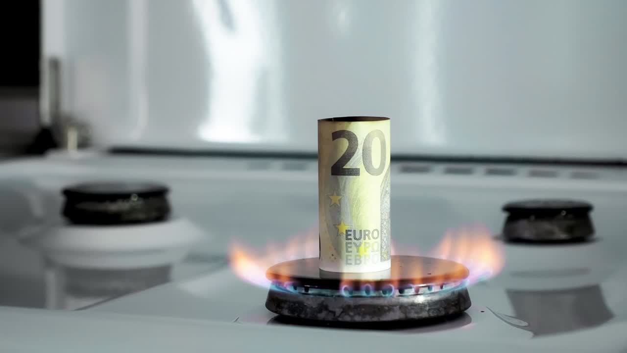 concepto de crisis de gas. billete de 20 euros está ardiendo en un quemador de la estufa de la cocina. dinero en efectivo europeo. altos precios de los recursos naturales. llama de fuego. deuda de servicios públicos. guerra de energía. ahorro del presupuesto doméstico.