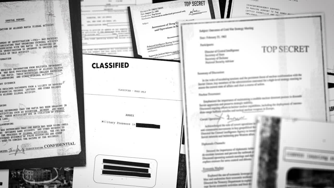 la cámara se mueve a través de varios documentos gubernamentales altamente secretos y clasificados.