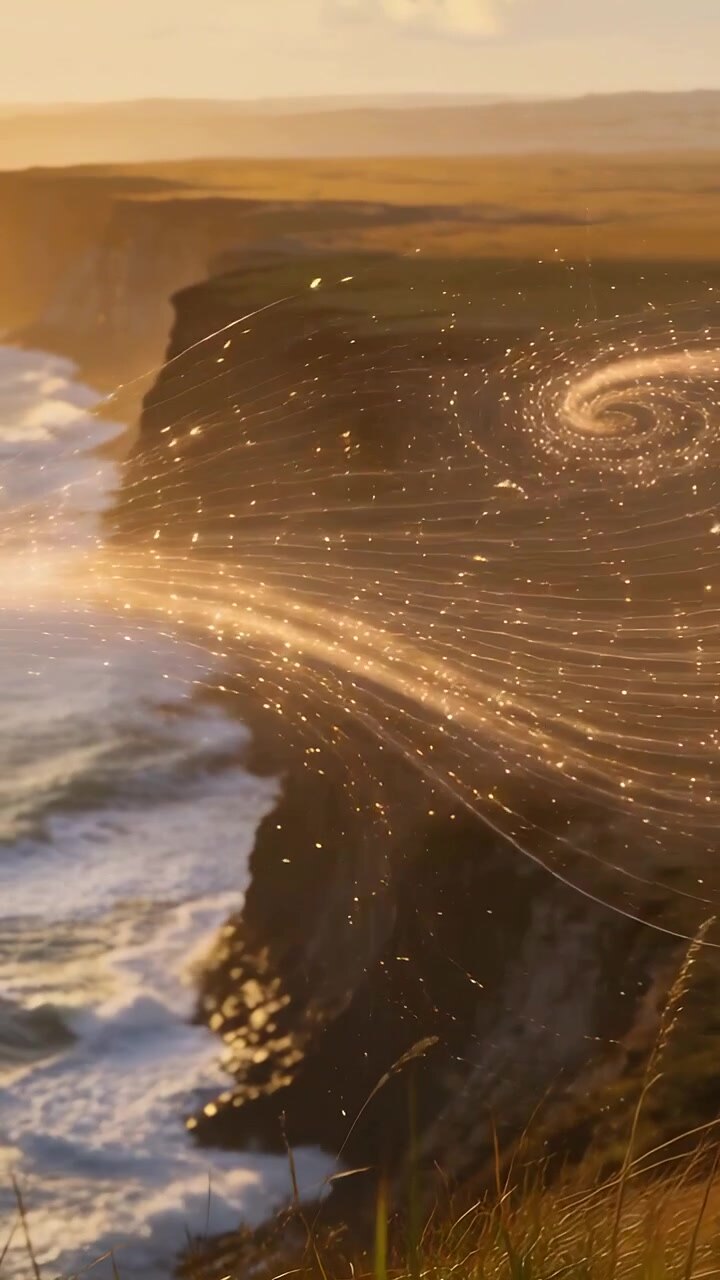 Vertical video: Sending gold sparks from right spiraling across coastal cliff at dusk