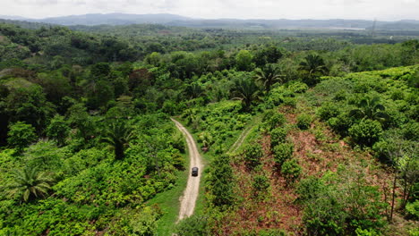 aerial view of car slowly cruising tropical forest on dust road