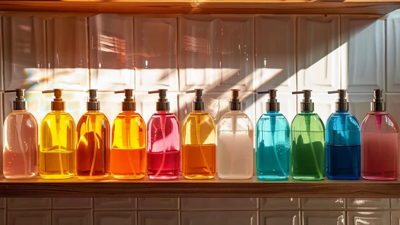 Colorful Soap Dispensers on a Wooden Shelf